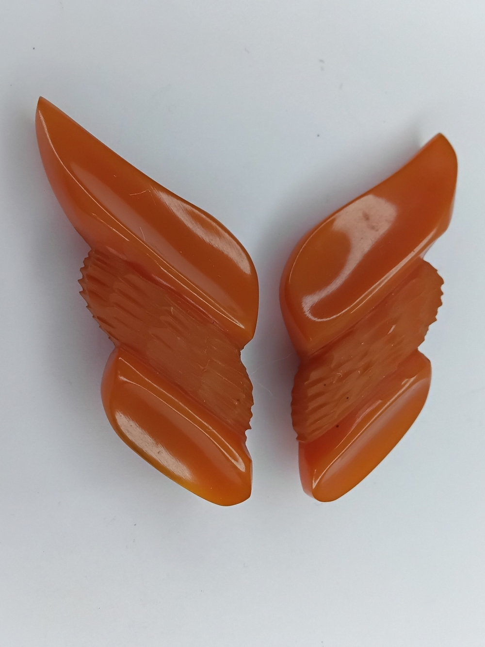 Vintage Art Deco Butterscotch Bakelite Dress Clips Pair - Carved  - Made in USA